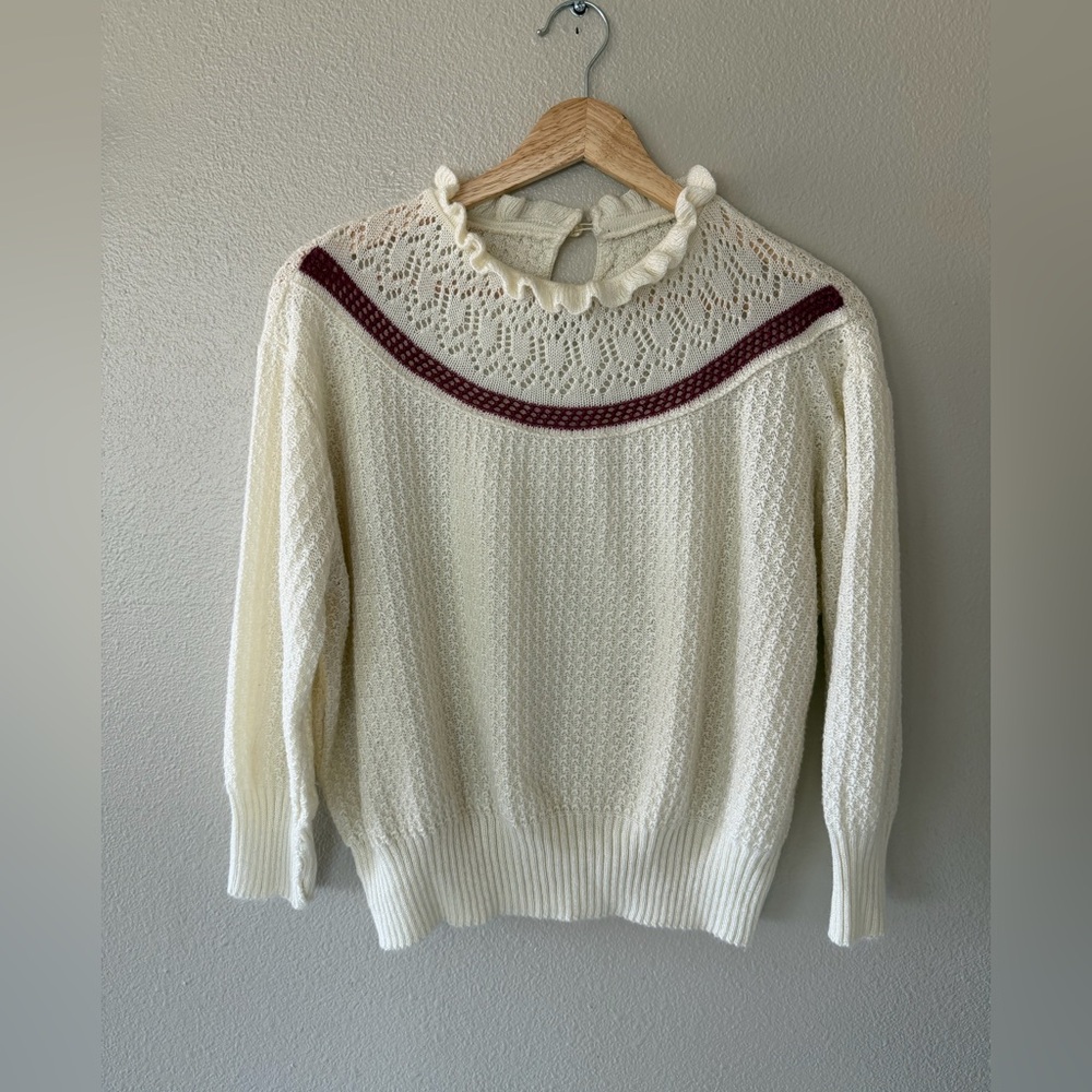 Vintage 70s Cream Knit Ruffle Neck Prairie Cottagecore Handmade Sweater Size 12